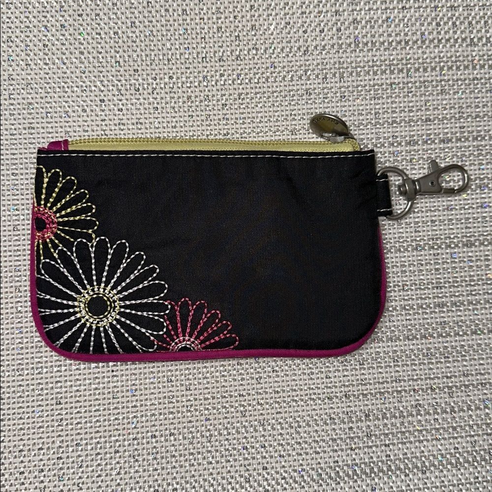 TRAVELON RFID Black Yellow Pink Floral Embroidery Daisy Double Zip Clutch Wallet